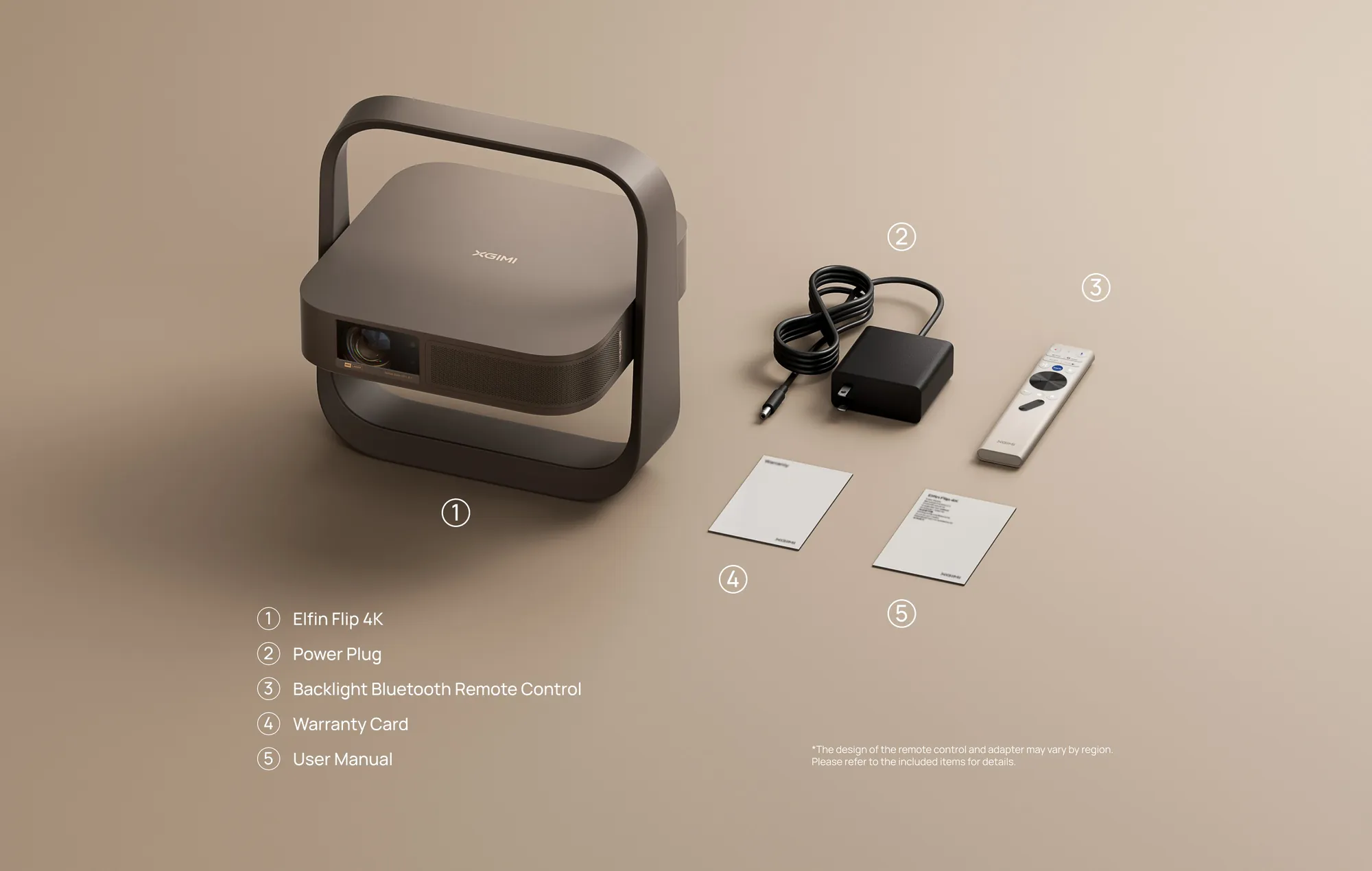 Elfin Flip 4K with power adapter, backlit remote, warranty card and manual